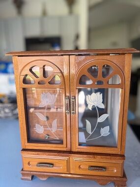 Wooden Jewelry Armoire with Etched Glass Floral Doors - Honey Brown